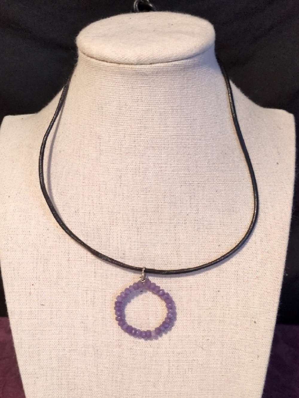 Handmade Dyed Purple Tourmaline Beaded Karma Circle Choker Black Leather Cord